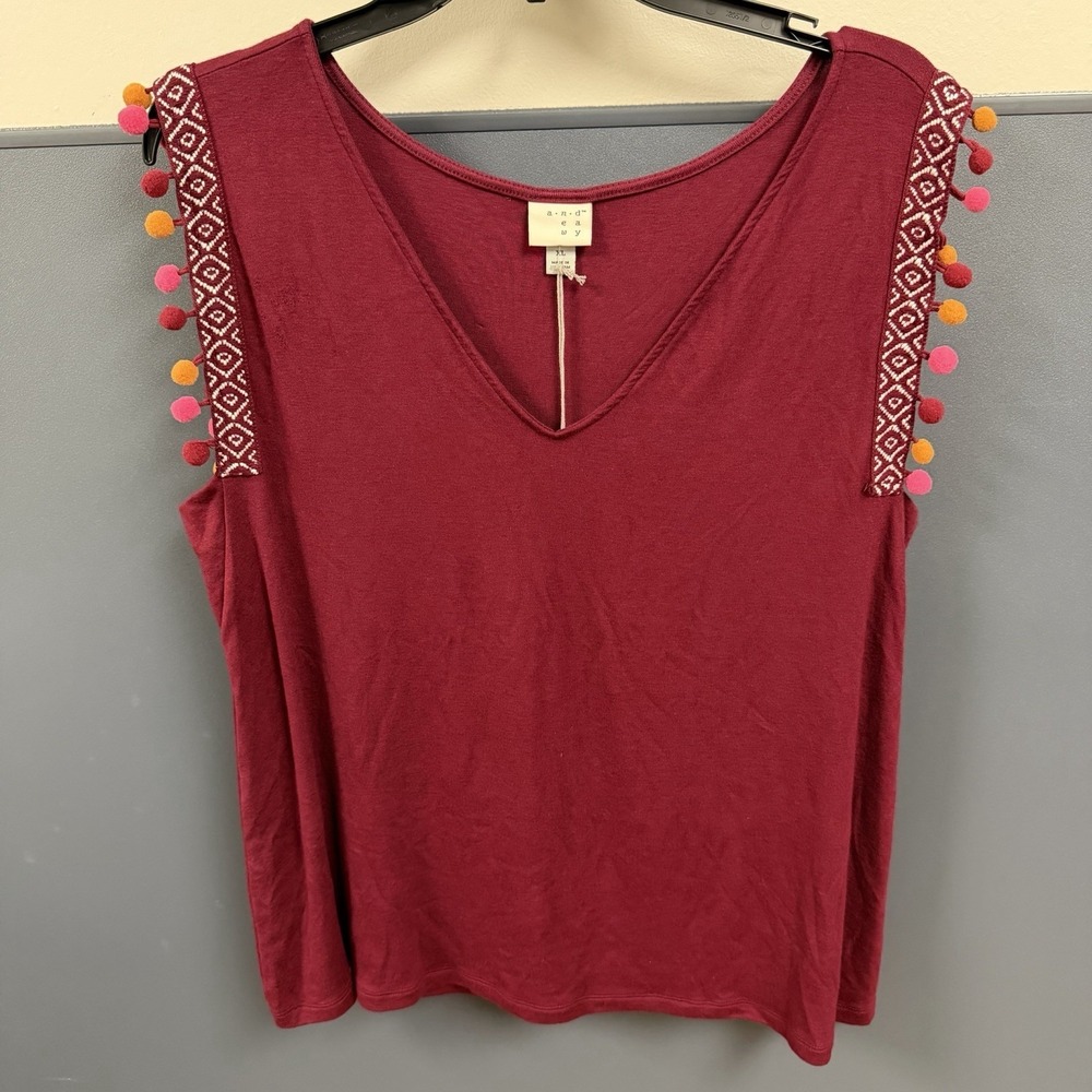 A New Day XL Sleeveless V Neck Pom Pom Trim Shirt Blouse Sleeveless NWT Wine Red